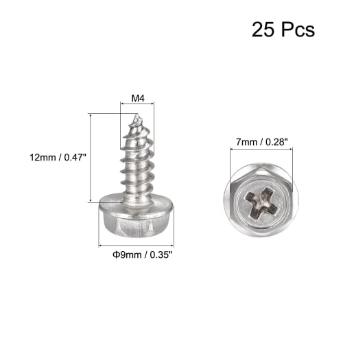 uxcell Hex Washer Self-Tapping Screws, 304 Stainless Steel Hex Flange Sheet Metal Screws, M4x12mm, 25 Pieces