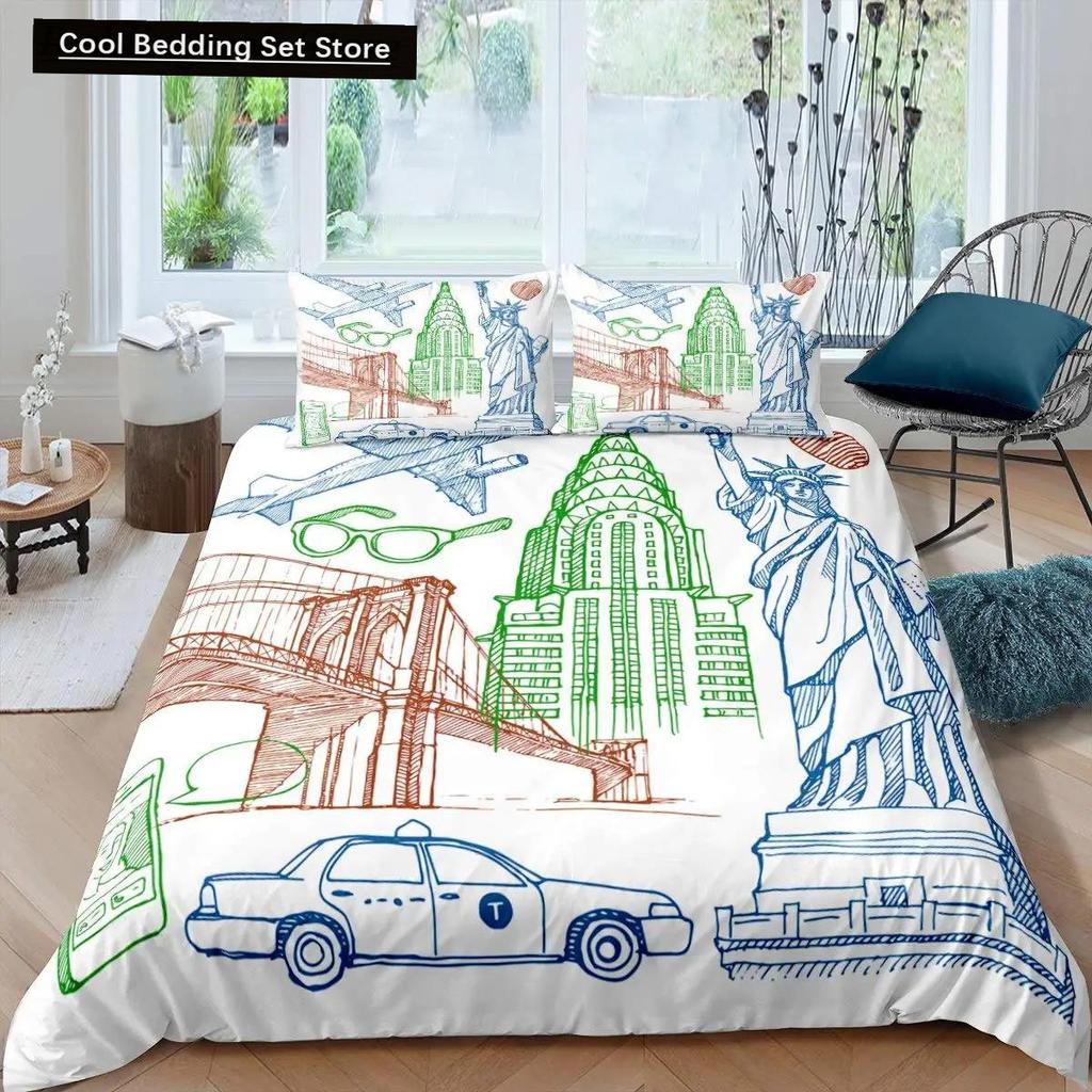 Freiheitsstatue Bettbezug Hip Hop Doppelgröße Friedenszeichen Liebesherz Bettwäscheset Amerikanische Augen Bunt Polyester Steppdecke