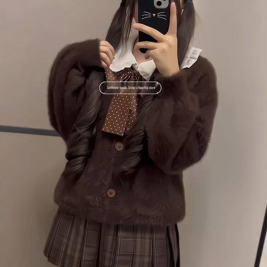 JK Uniform Plaid Skirt & Knit Cardigan Set - Brown Autumn/Winter School Style