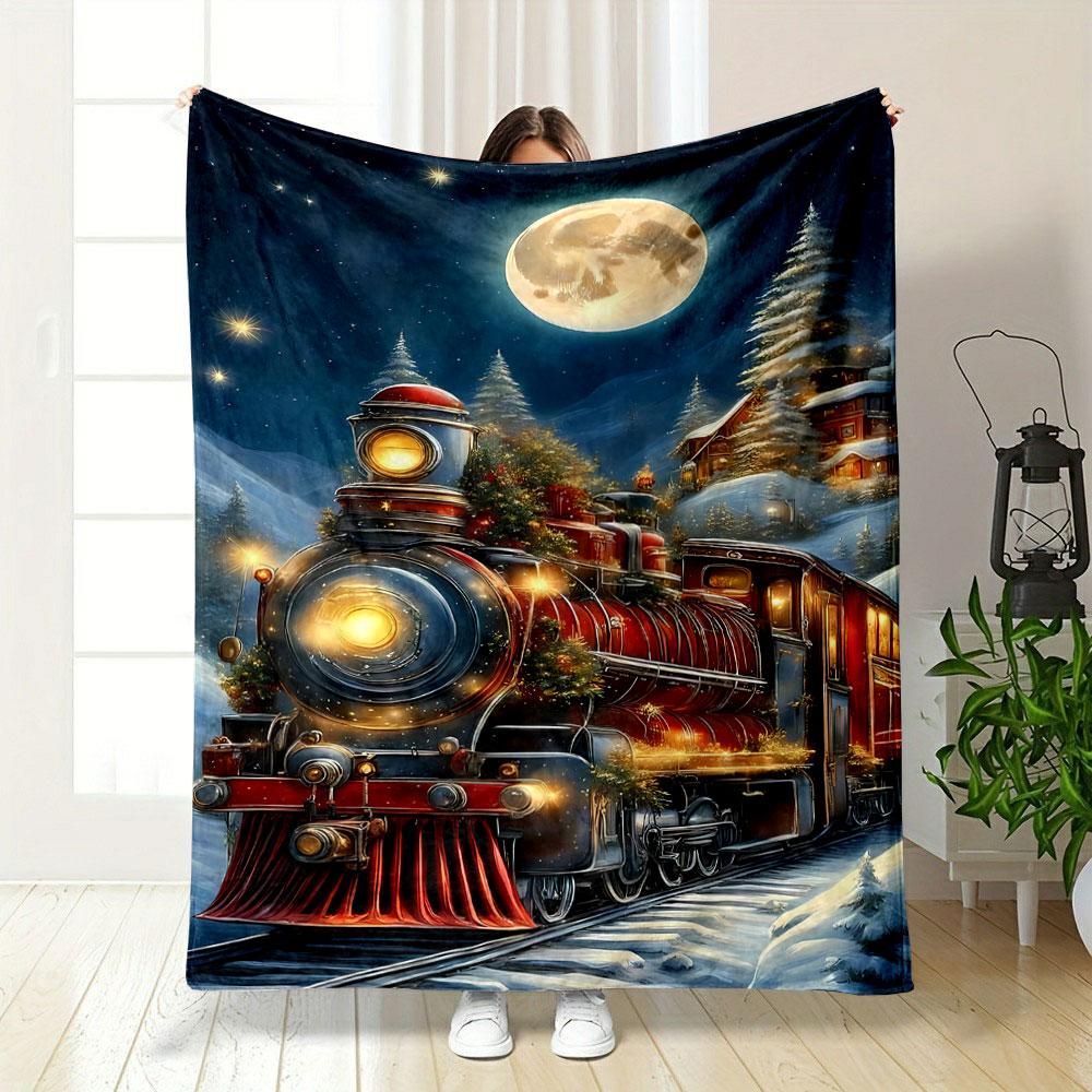Christmas Train Night Print Blanket Bedroom Blanket for Livingroom Couch Lunch Break Soft Throw for Friend's Festival Gift