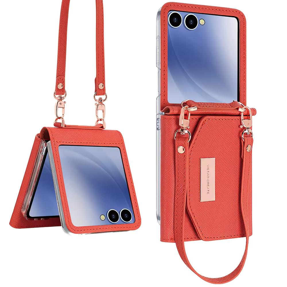 VIETAO Luxury Girl's Fashion PU Leather Wallet Phone Case with Lanyard & Wrist Strap Shockproof Hand Holder for Z Flip