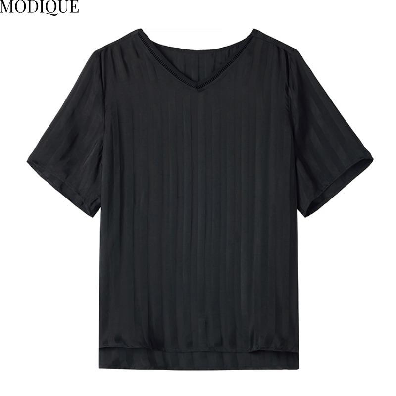 MODIQUE Spring Summer Plus Size New Women Loose Vintage Solid Black  Stripe Blouse Shirts Female Casual Oversize Short Sleeve V-Neck Top