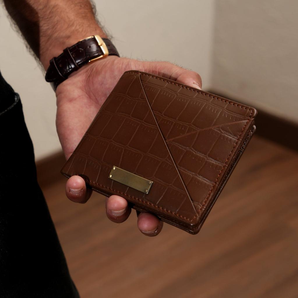 Leather Wallet 1B Brown -Croc-Look Nappa Leather Men's Wallet with Coin Pocket & 6 Card Slots