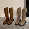 Retro style lace-up stacked high boots for women's new autumn and winter versatile round head thick heel but knee boots for children