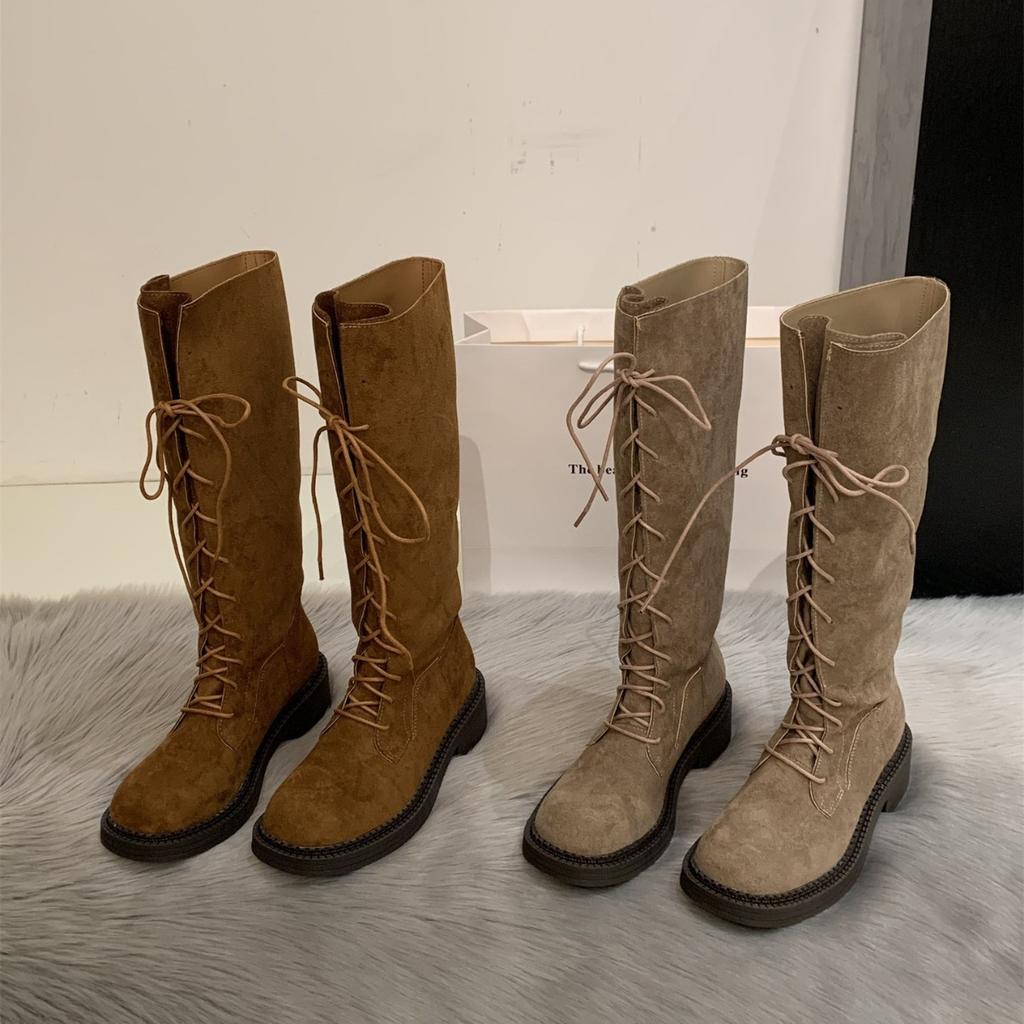 Retro style lace-up stacked high boots for women's new autumn and winter versatile round head thick heel but knee boots for children