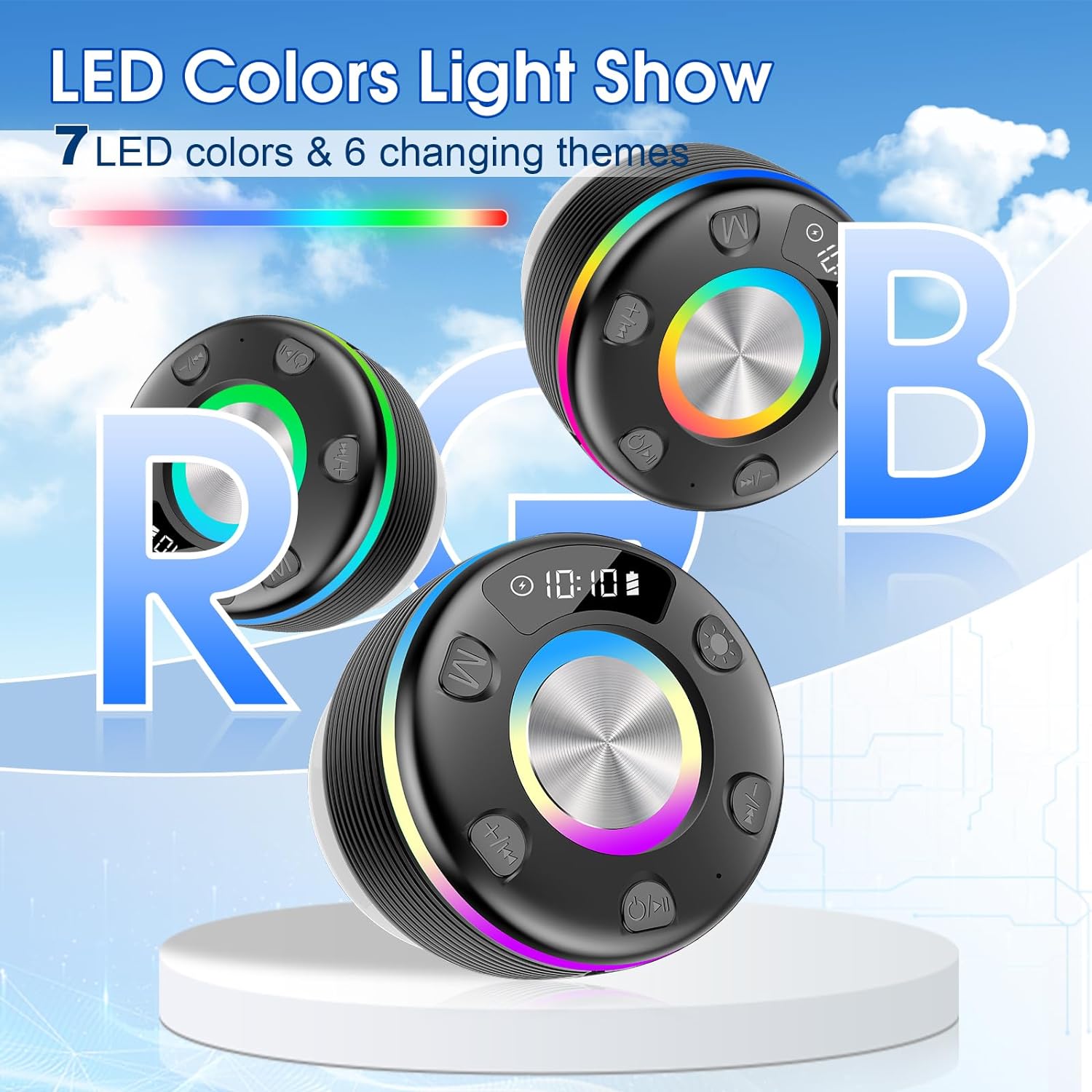 Enceinte Bluetooth étanche IPX7 Avec Ventouse - Lumière LED RGB, Affichage Heure, Micro HD - Pour Douche, Extérieur - 2
