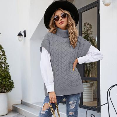 Autumn and Winter Women's Sweater Sleeveless Fashion Button Rope Vest Knitted Loose Pullover High Neck Sweater