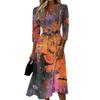 Womens Casual V Neck Midi Dress Three Quarter Sleeve Back Zipper Halloween Print Dress