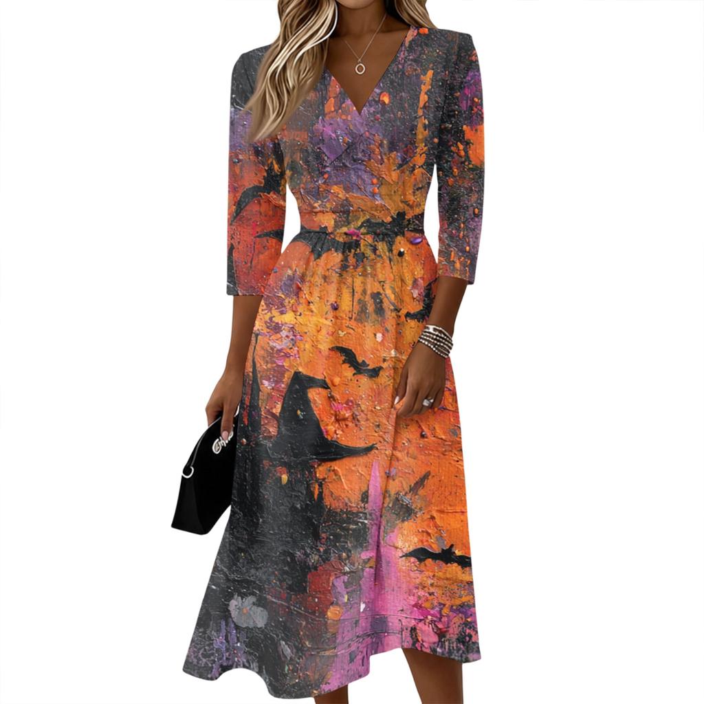 Womens Casual V Neck Midi Dress Three Quarter Sleeve Back Zipper Halloween Print Dress