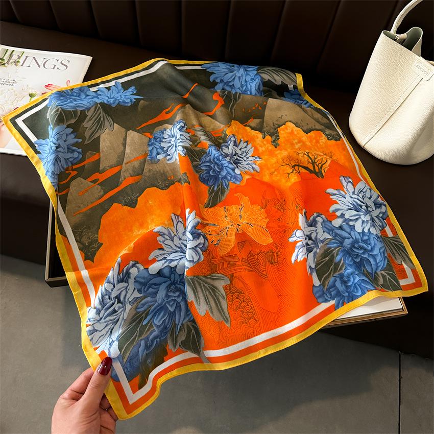 New National Style Mountains and Rivers Small Square Scarf Silk Scarf Thin Rich Peony Herringbone Pattern Headscarf Imitation Velvet Scarf Scarf Femal