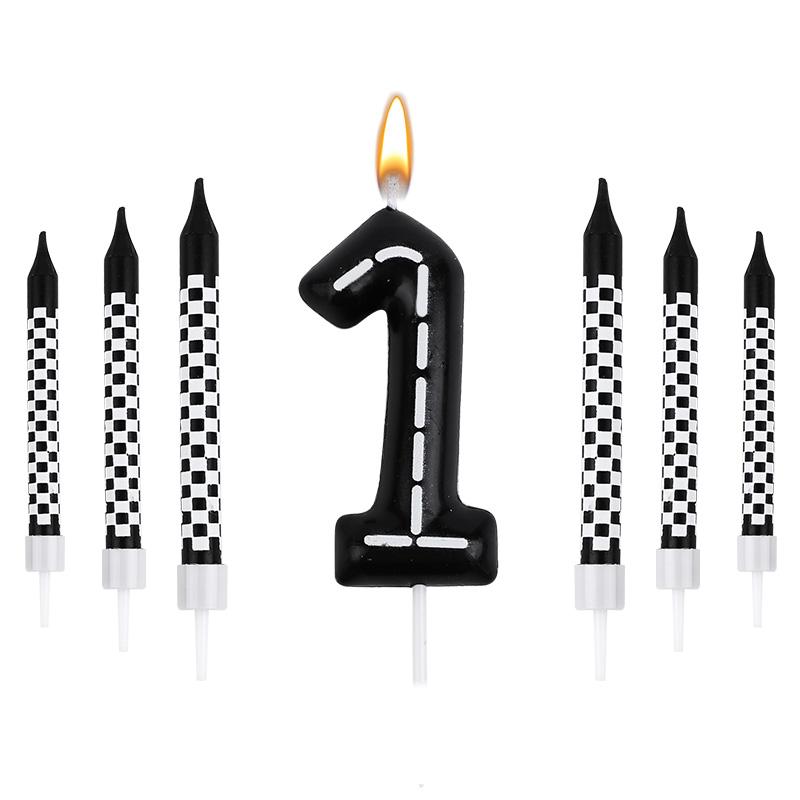 7Pcs Racing Cars Themed Birthday Candles Black White Checkered Number Cake Topper Kids Boys Birthday Party Decoration Supplies