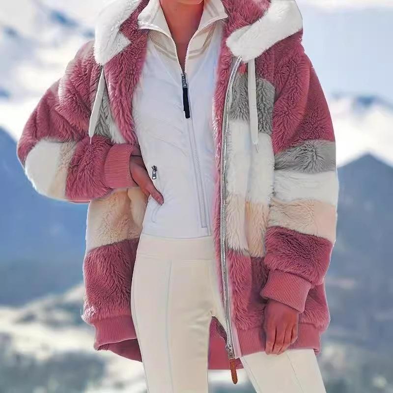 Autumn And Winter Warm Plush Patchwork Zipper Pocket Hooded Loose Jacket Women