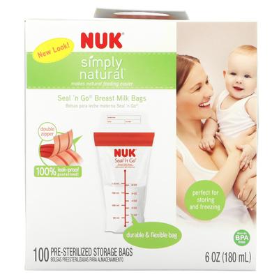 NUK, Seal 'n Go, anne sütü poşetleri, 100 steril poşet, 180ml (6 ons) her biri kapasite.