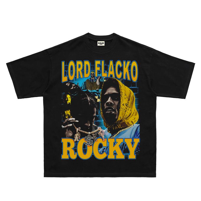 ASAP Rocky Rap Rocky Hip Hop T-shirt American Rap Short Sleeve Straight Print Loose Small Neckline Tee High Quality
