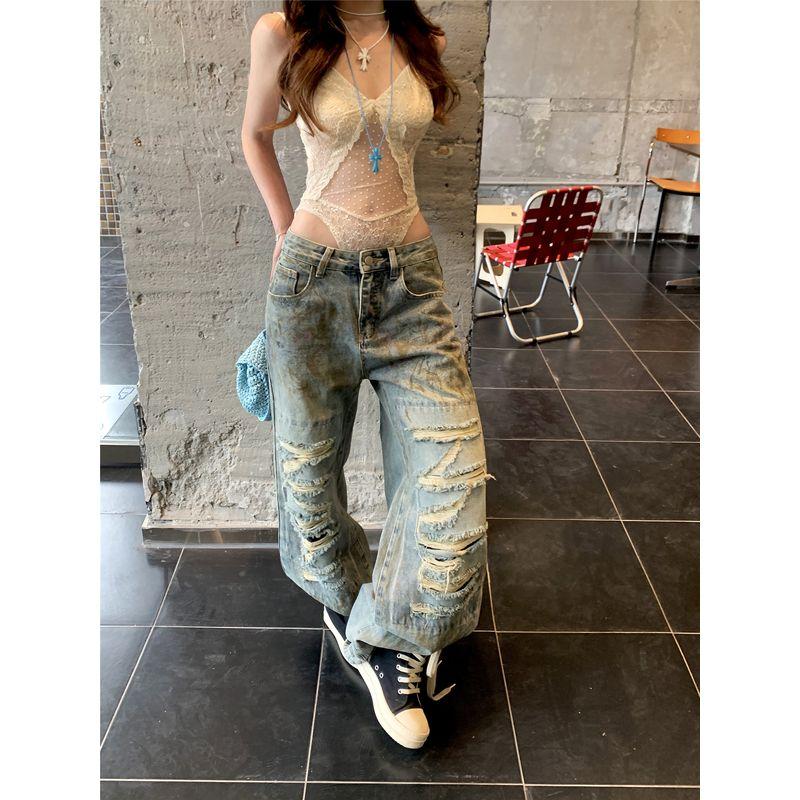 Kumikumi Sexy Set Gyaru Style One-Piece Cami Women Summer Retro Low Waist Jeans Two-piece Set