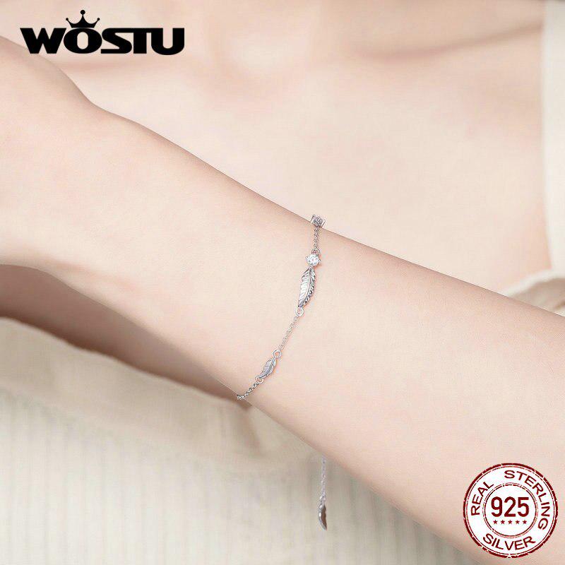 WOSTU European Style Feather Bracelets 925 Sterling Silver CZ Stone Chain Link Women Silver Jewelry