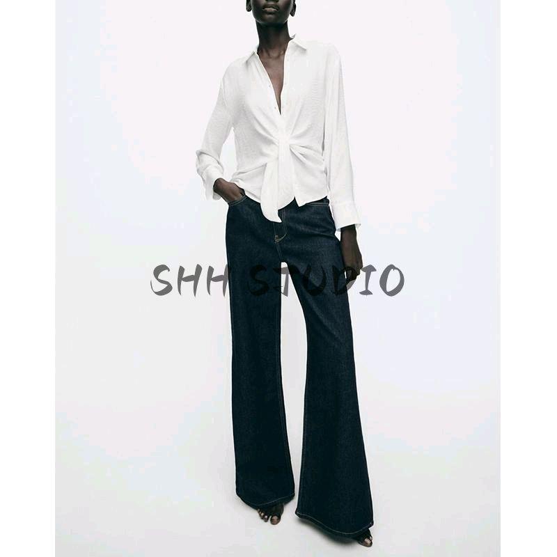 Spring New Women's Clothing Minimalist Style Bow Tie Drape Loose Long Sleeves Lapel Casual Shirt 2298057