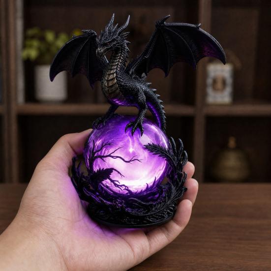Dragon Faux Crystal Ball Lamp, Gothic USB Night Light, Dark Fantasy Resin Decor for Desk Bedroom, Halloween Gift for Gothic Lovers