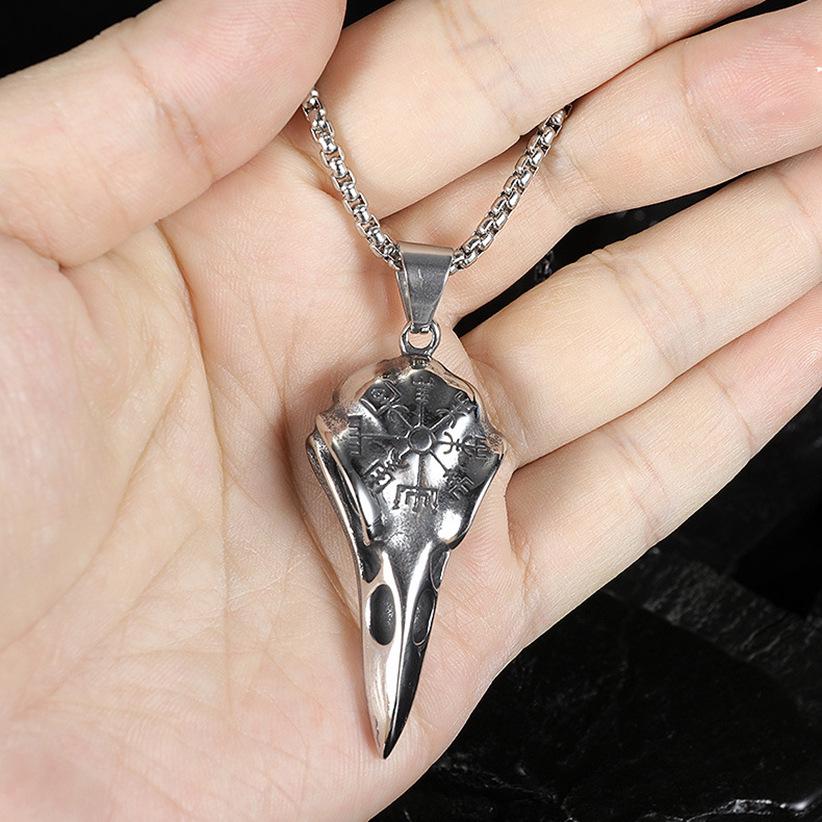 Nordic Raven Skull Viking Stainless Steel Necklace with Punk Style Eagle Beak Pendant for Men.