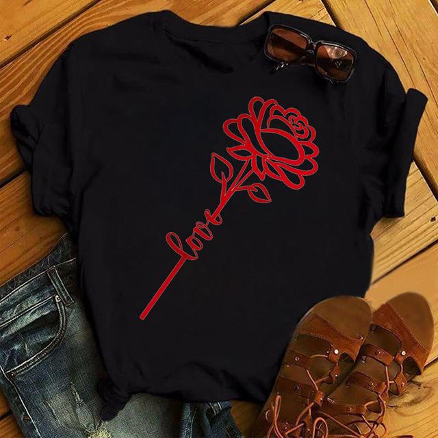 New Fashion Women Black T Shirt Friends Gift Flower Love Print Cute Tee Shirt Female Harajuku Tops Woman Short Sleeve T -Shirts