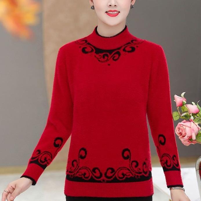 Women's Thick Faux Mink Fleece Sweater Autumn Winter Long Sleeve Printed Knitted Pullover Sweater Loose Warm Stretch Knit Sweater