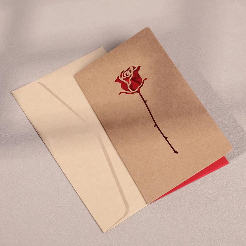 Rose Love Heart Hollowing Paper Card With Envelope Postcard Wedding Invitation Valentines Day Birthday Greeting Cards Gift Favor