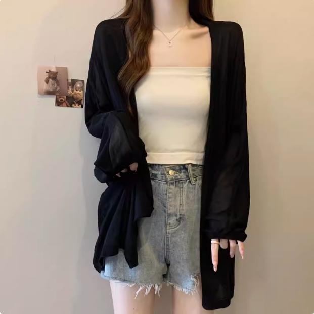 Korean Style Plus Size Loose Knit Cardigan - Spring/Summer, Long Sleeve, Airy & Elegant