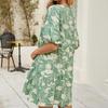 Women Elegant Pattern Print Pleat Party Dress Casual Short Sleeve Loose Bohemian Dress Summer Sexy V-neck  Dress