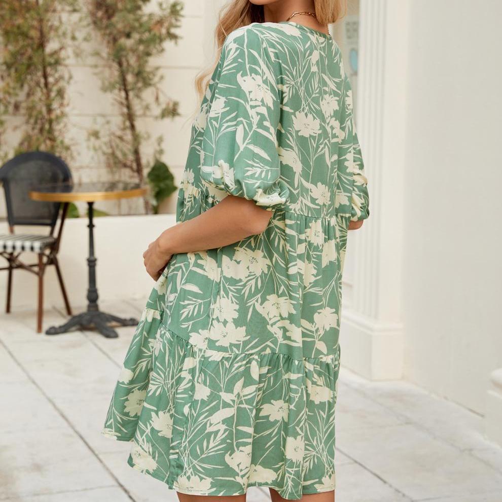 Women Elegant Pattern Print Pleat Party Dress Casual Short Sleeve Loose Bohemian Dress Summer Sexy V-neck Dress