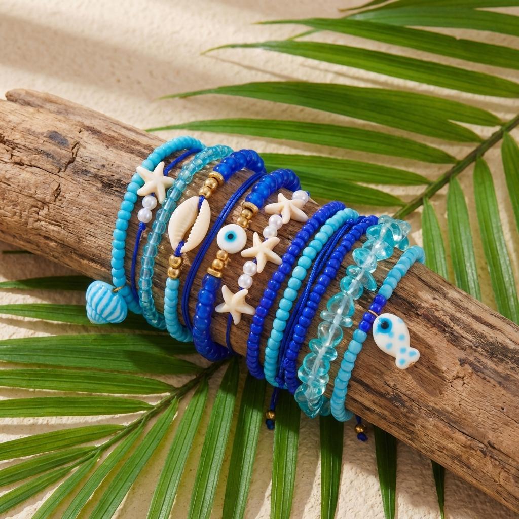 Bohemian Fish Shell Starfish Elastic Beaded Bracelet Set for Women Delicate Imitation Pearl Chain Bracelet Ocean Jewelry Gift