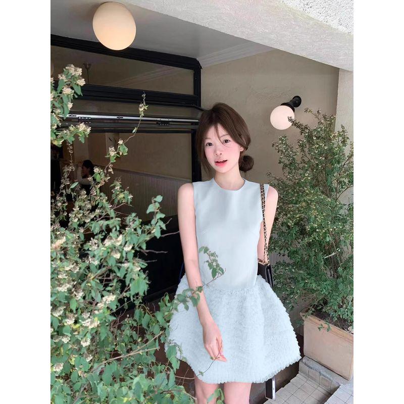 Kumikumi Sweet Wind Heavy Industry Mesh Patchwork Vest Dress Women Summer Slimming Elegant Cake Skirt Short Dress