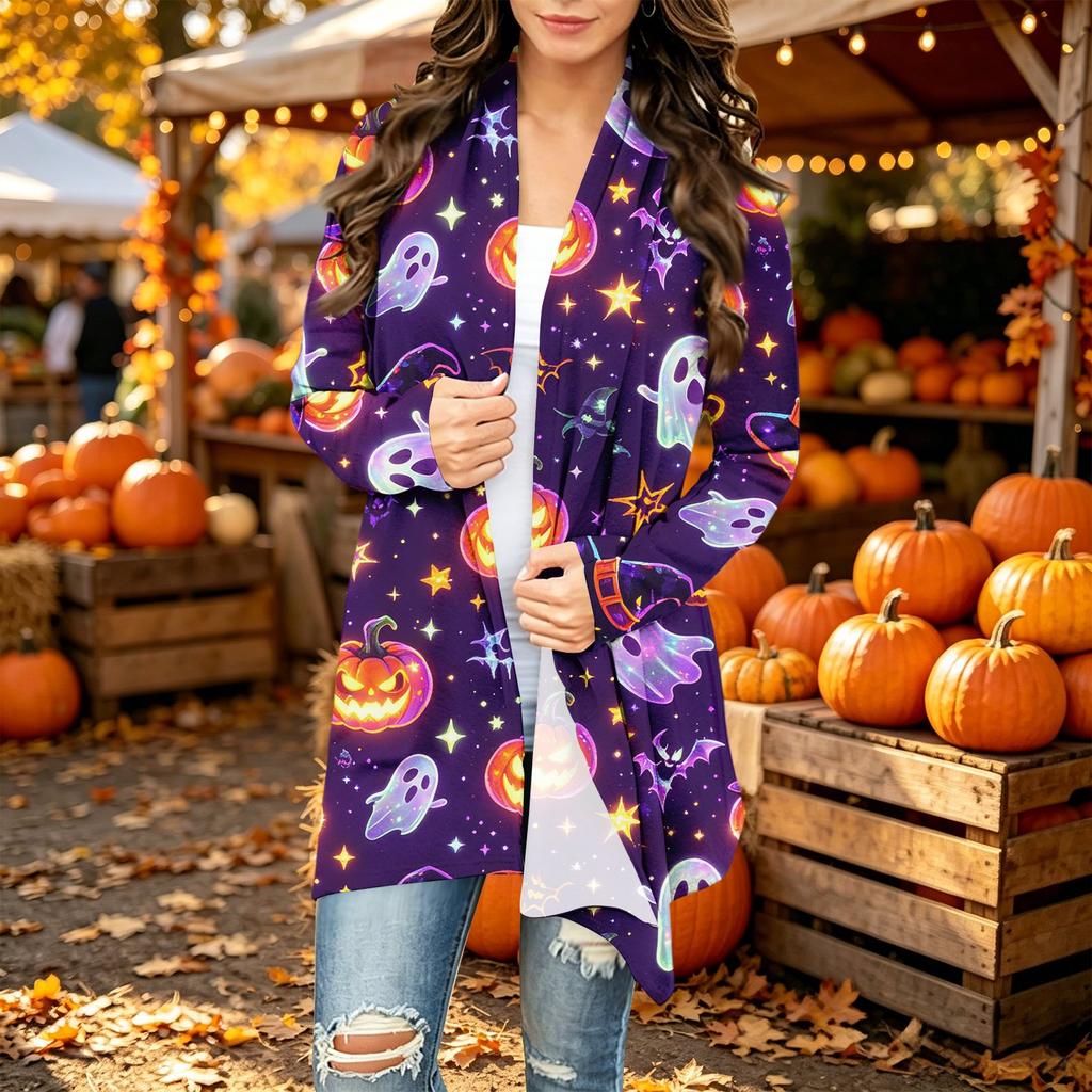 Damen Trendy Halloween-Print Langarm-Strickjacke Pullover für Lässige Herbstmode