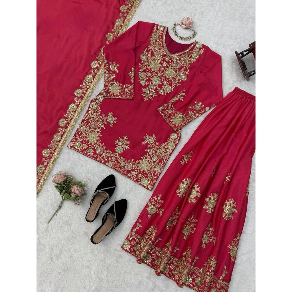 Presenting New Designer Embroidered Chinon Silk Sharara Suit With Sequence Embroidered Work