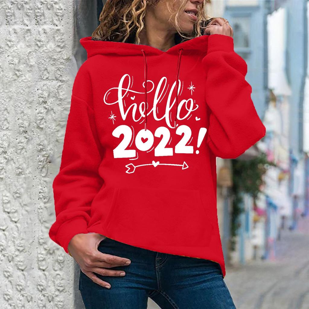 Women's Fashion Casual  New Year Print Hooded Sweatshirt Loose Sports Pullover