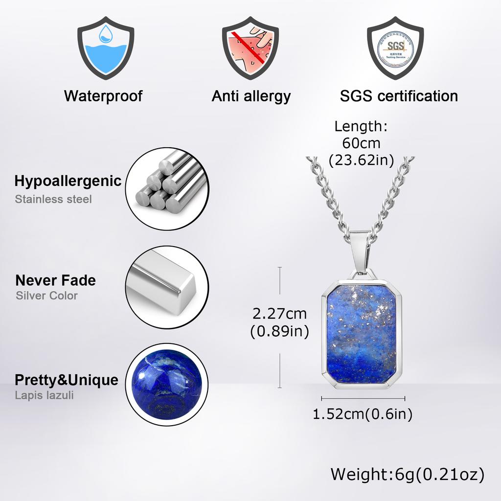 Trendy Stainless Steel Necklace for Men, Square Blue Natural Stone Pendant Necklace, Hip Hop Punk Jewelry Gifts