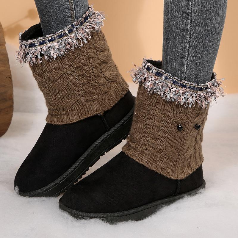 Fashion Mid-barrel Cotton Boots Winter New Round Toe Suede Stitched Platform Anti-slip Wear-resistant Snow Boots