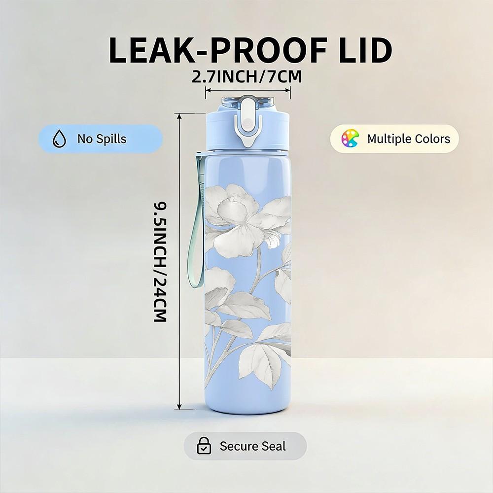 1PC Delicate White Rose Leaf Line Sketch Print 750ml Color Plastic Sports Water Bottle Leakproof Flip Straw Lid Suitable for Sports Office Home Use