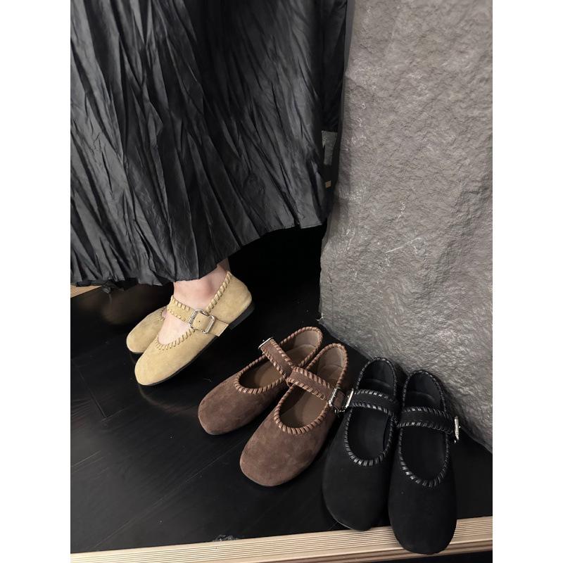 Retro Woven Suede Square Head Word with Shallow Mouth Gentle Evening Breeze Flat Bottom Mary Jane Single Shoes Women