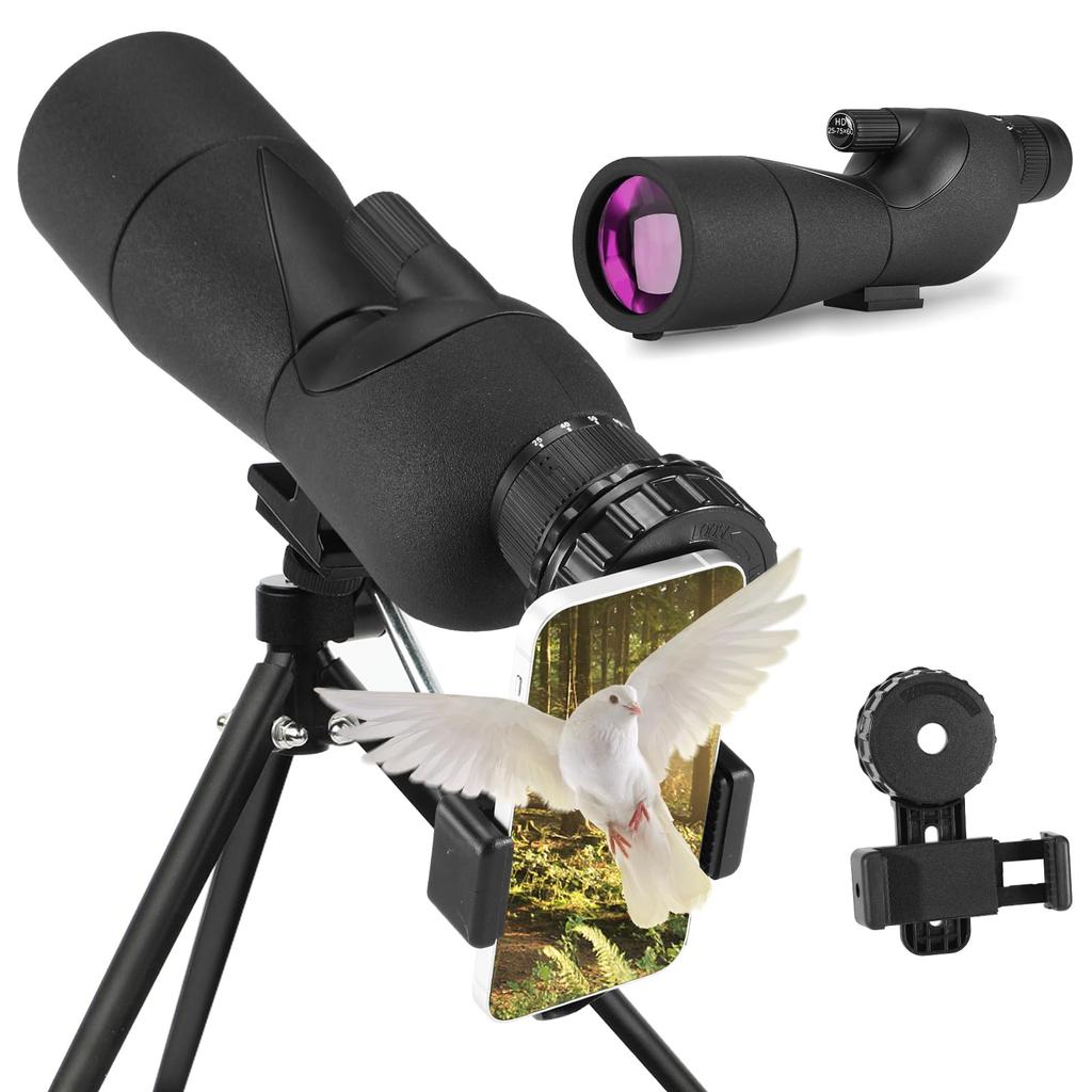 ED Spotting Scope for Target Photography with Telescoping Phone and Carrying Waterproof Spotter Scope for and Hunting 25-75x60 Tripod, Adapter, Bag,