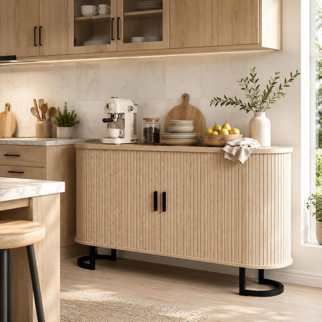 Living Room Sideboard, Oval, 2 Sliding Doors, Adjustable Shelves, 140 x 40 x 75 cm, Natural Wood