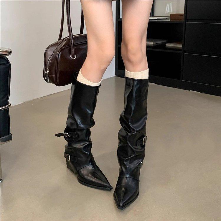 Heel Pants Boots Big Tube Circumference Pointed Head Wide Tube Boots New Year Stacking Boots High Heel Boots Knight Boots