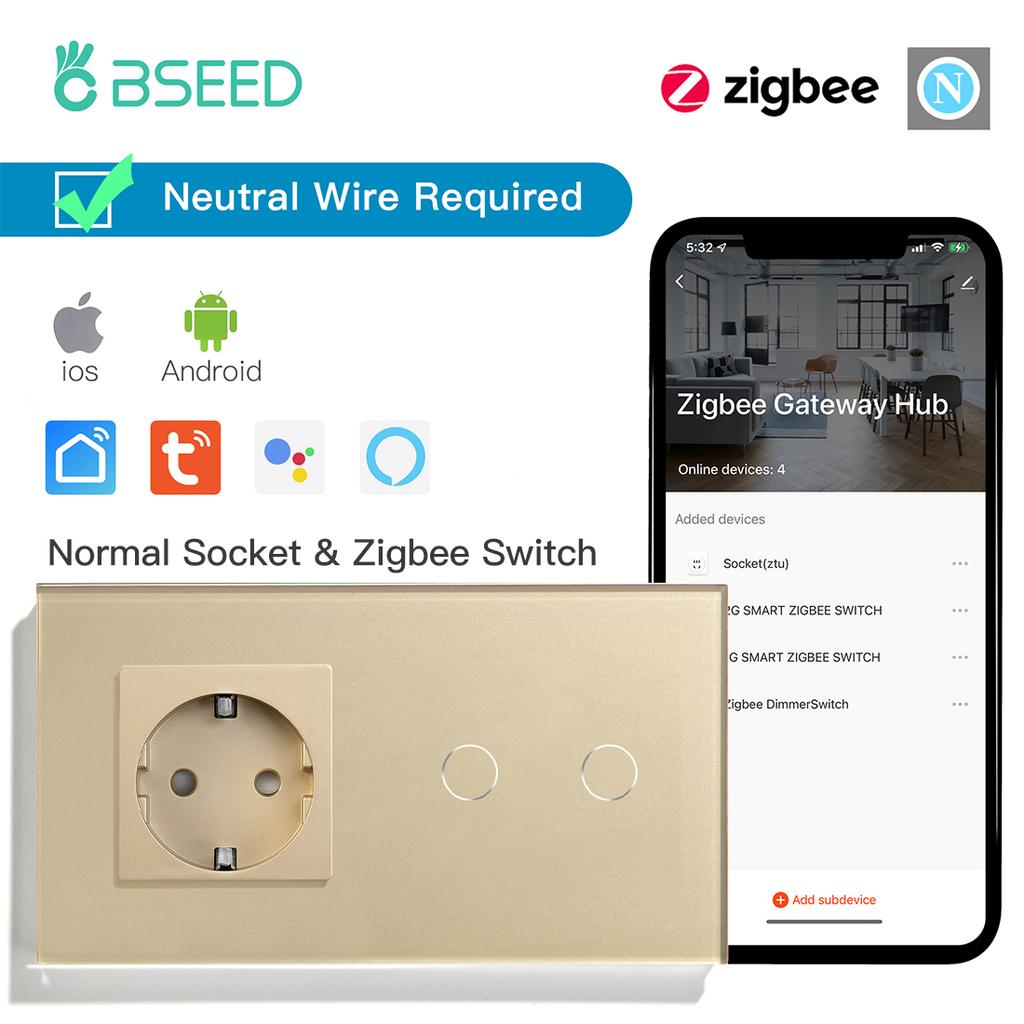 BSEED zigbee 1/2/3Gang Smart Touch Switches Tuya Smart Life App Control Plus Normal Power Sockets EU Standard Neutral Required