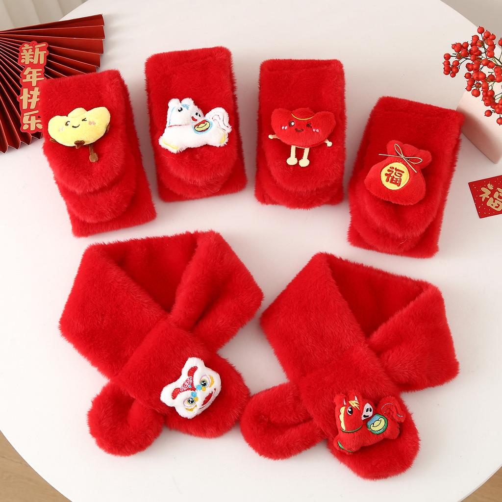 Autumn Winter Children'S Scarf Chinese Style Zodiac Animals Red Scarf Cartoon Pony Plush Neck Warm Scarves New Year Gift