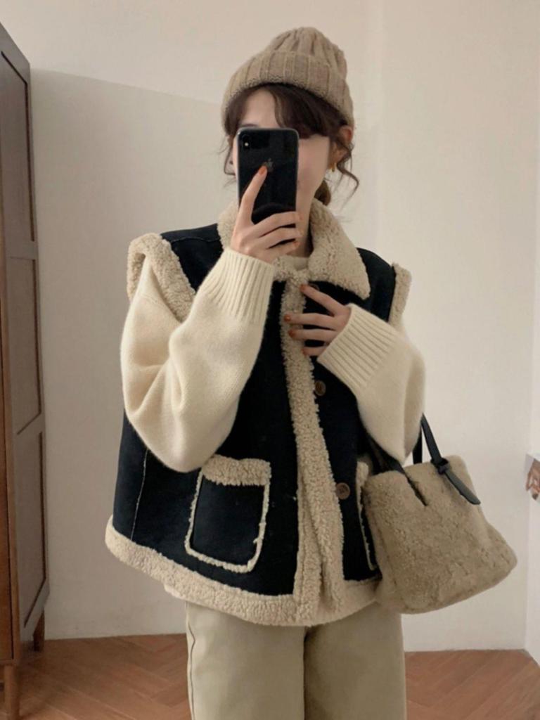 Maillard Women's Korean Style Lambswool Vest: Autumn/Winter Sleeveless Leather & Fur Outerwear - Petite to Plus Sizes