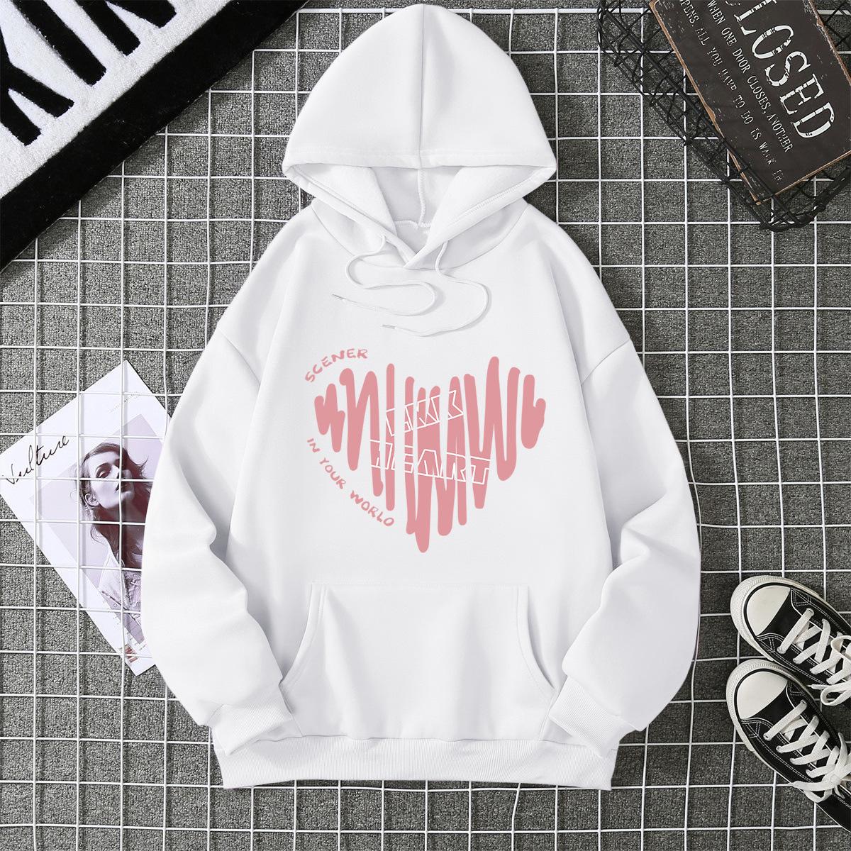 Real cross-border new pattern printed top fashion autumn and winter hooded sweater women s versatile large size loose velvet S белый