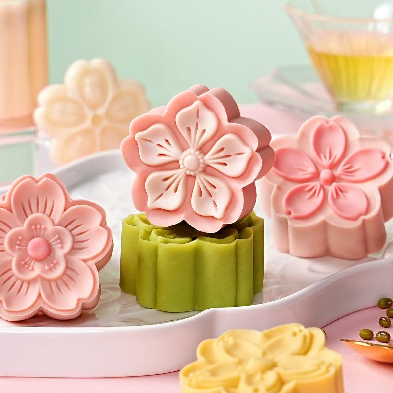 Mid Autumn Festival Round Mooncake Mold Cherry Blossom Shape Pastry Tools Diy Fondant Cake Decoration Tools Hand Press Mold