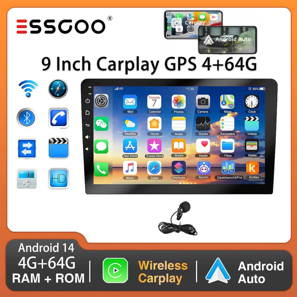 9Inch 2 DIN Car Stereo Radio Wirless Carplay Android Auto Car Stereo Bluetooth 64G GPS Navigation RDS WiFi USB FM DAB+CAM