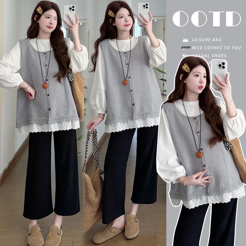 2026 Spring Maternity Set: Cotton Loose Long Sleeve + Korean Lace Patchwork Knit Vest M