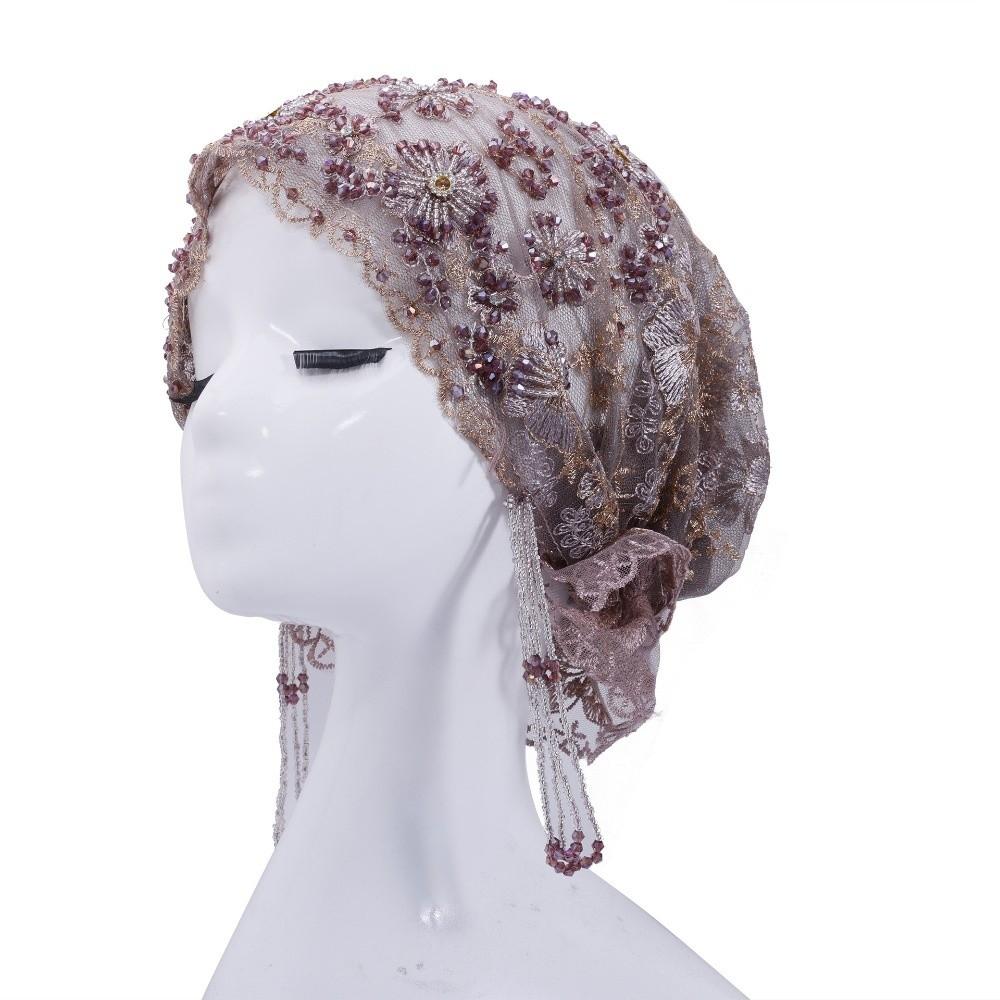 Long Tassel Turban Hat Shiny Beads Indian Headscarf Ethnic Headwear Beaded Bonnet Ethnic Festival фиолетовый