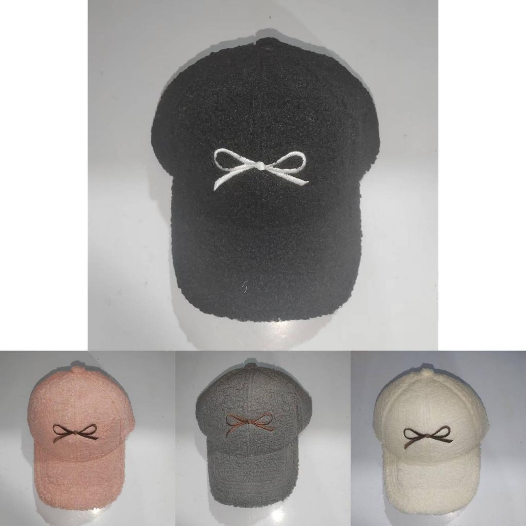 Autumn Winter Womens Fluffy Embroidered Baseball Cap With Bow Detail For Trendy Look